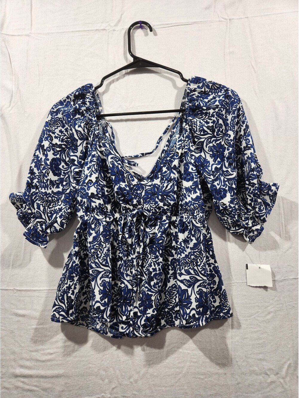 The General Good Boho Floral Peasant Top Blue White Puff Sleeve Size S